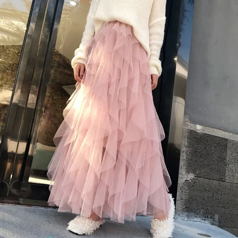 Womens Elastic High Waist Tulle Mesh Irregular Tutu Skirt Summer Girls Party Older Kid Girl Pleated Long Midi Skirts