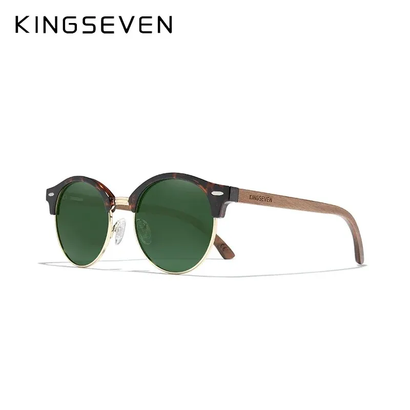 KINGSEVEN Fashion Handmade Walnut Round Sunglasses For Men Women Wood Polarized UV400 Glasses High Quality Accessory Eyewaer