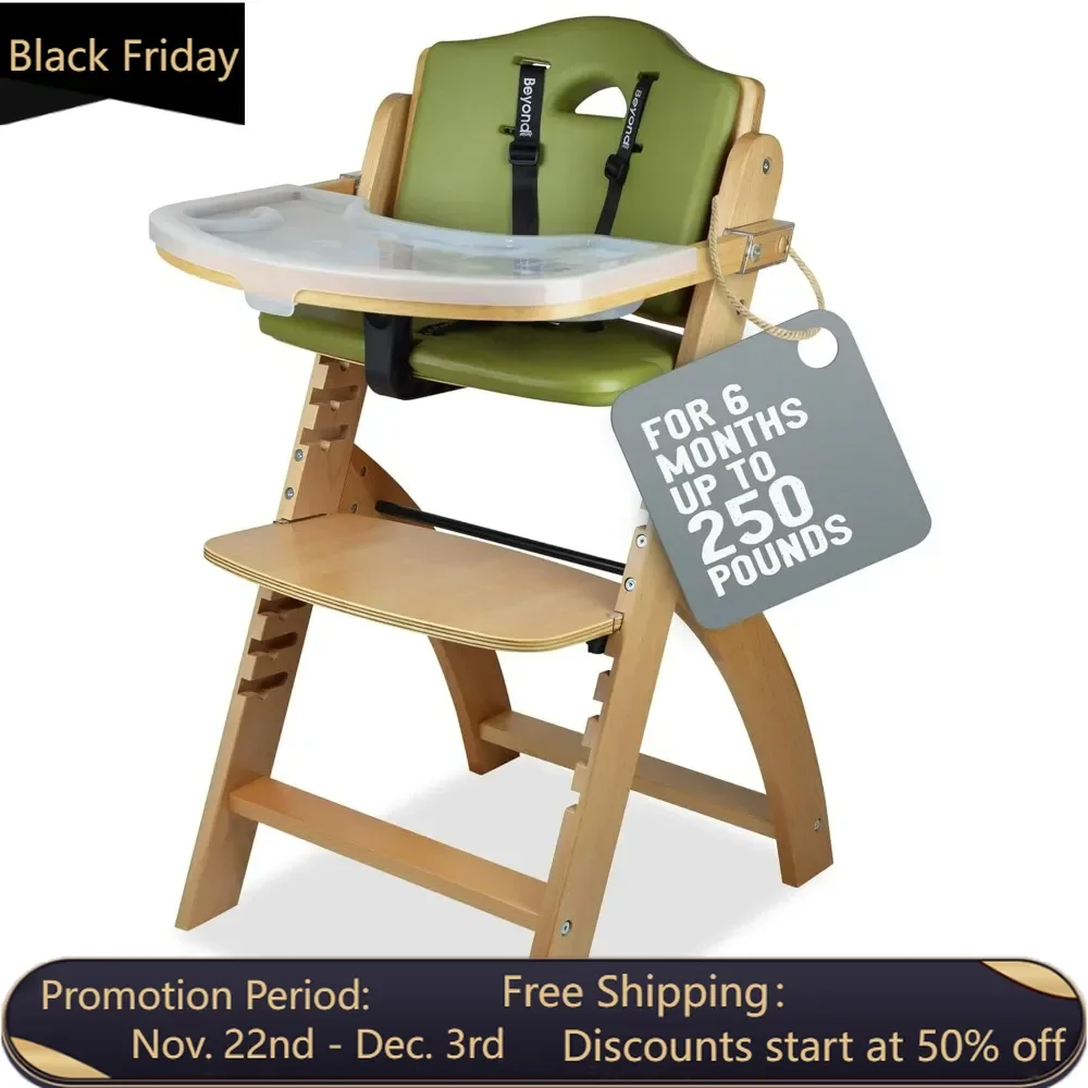 Wooden high chair with tray, 250 pound adjustable high chair - anti fouling and waterproof natural wood/olive colored cushion