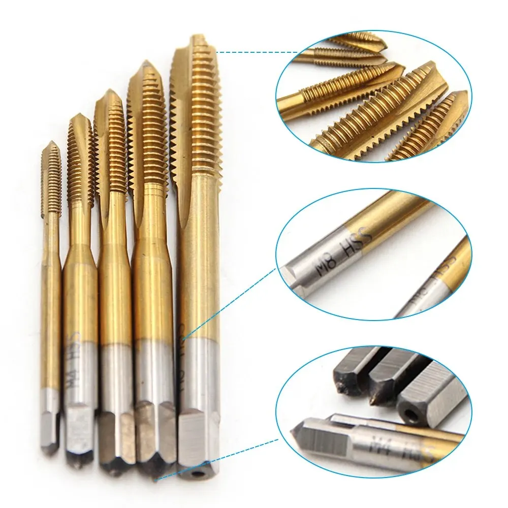 1/5/7pcs HSS Tap Set Hand Thread Screw Taps M3 M4 M5 M6 M8 High Hardness Titanium Coated Threading Tools for Metalworking