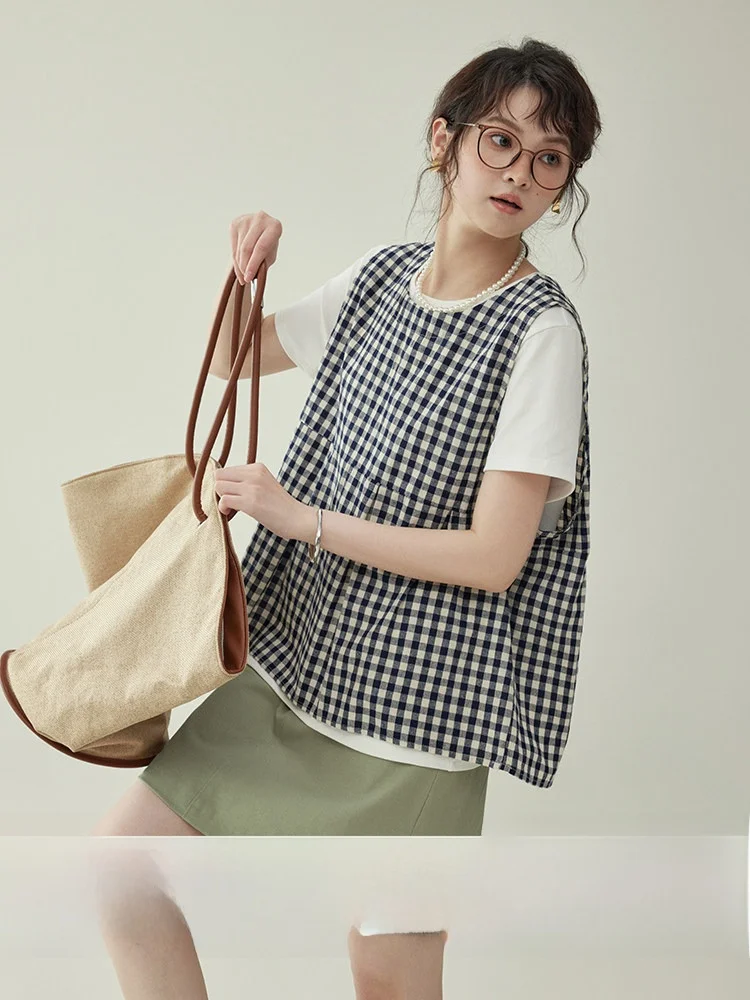 

AMUU North Island Свободный крой Svel round Ne Plaid irt Женский лоскутный жилет Bal с открытой передней частью Топ Корейский Sle Com...