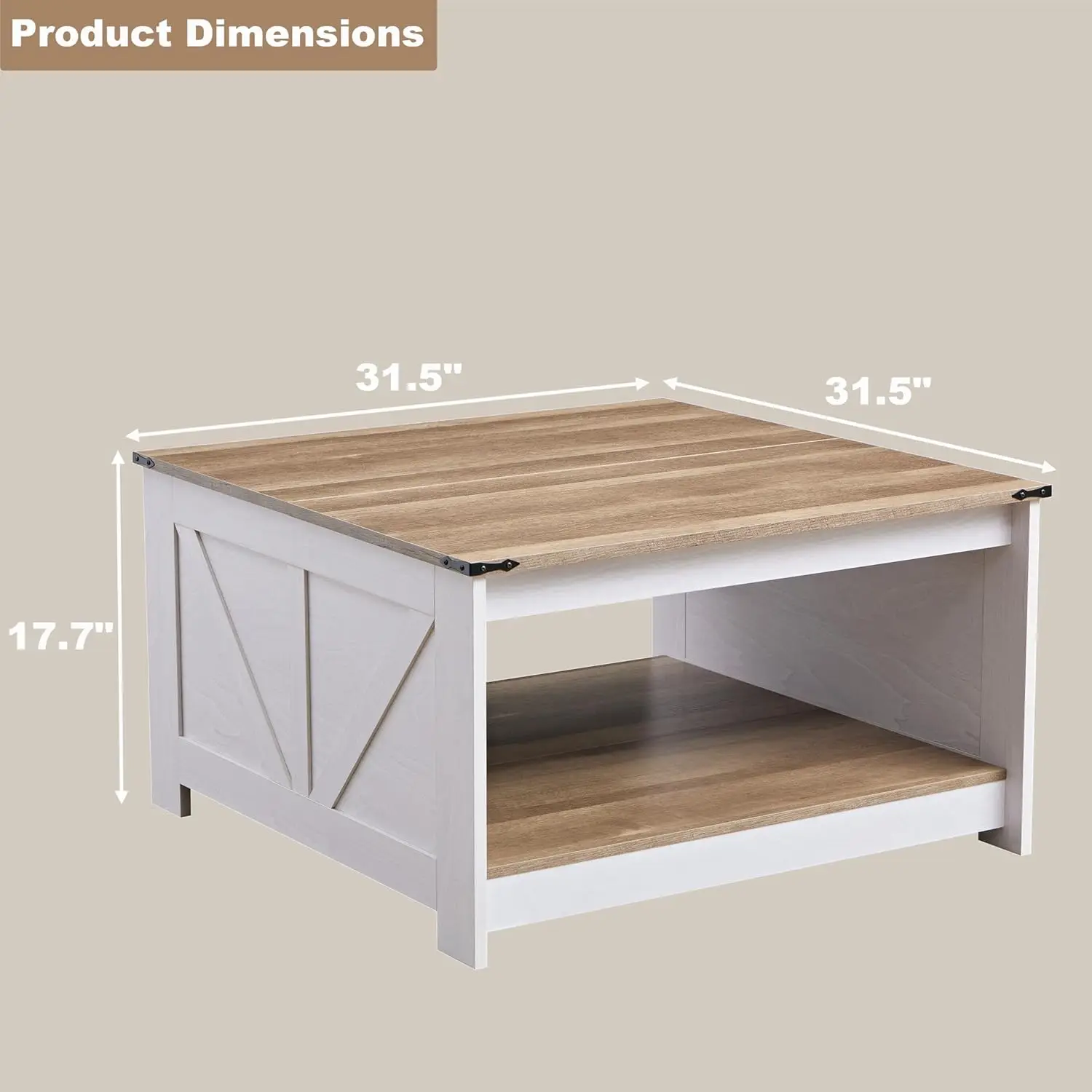 거실용 농가 커피 테이블, 목재 정사각형 커피 테이블, 31.5" D x 31.5" W, 그레이 워시