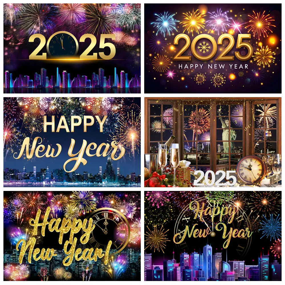 2025 Happy New Year Photography Backdrops  New Year Eve Sparklers Fireworks Celebrate Family Party Background Photo Studio Props