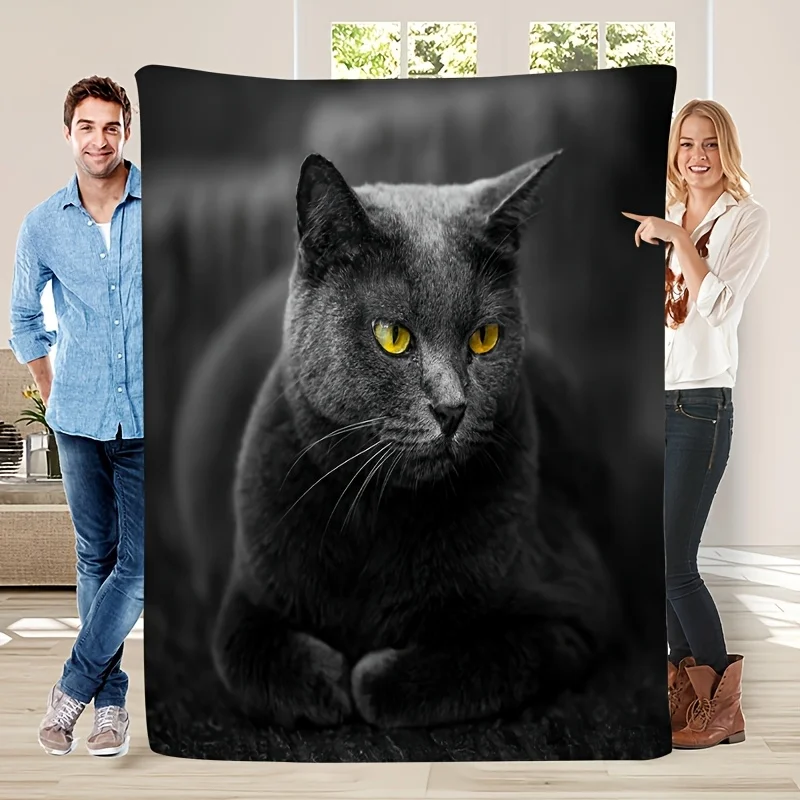 Cozy High-Definition Adorable Blue Cat Print Flannel Throw Blanket , Tear-Resistant, Stain-Resistant, Machine Washable