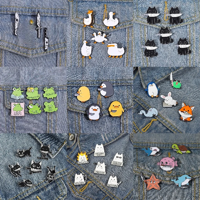 4~6Pcs Underwater Animal with Knife to Protect Yourself Frog  Cat Penguin Chicken Enamel Badge Pins Bag Clothes Brooch Wholesale