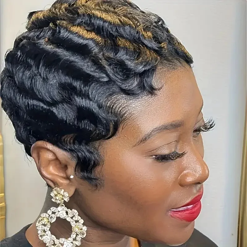 짧은 픽시컷 가발 핑거웨이브 인모 가발 150% 밀도 오션웨이브 기계식 가발