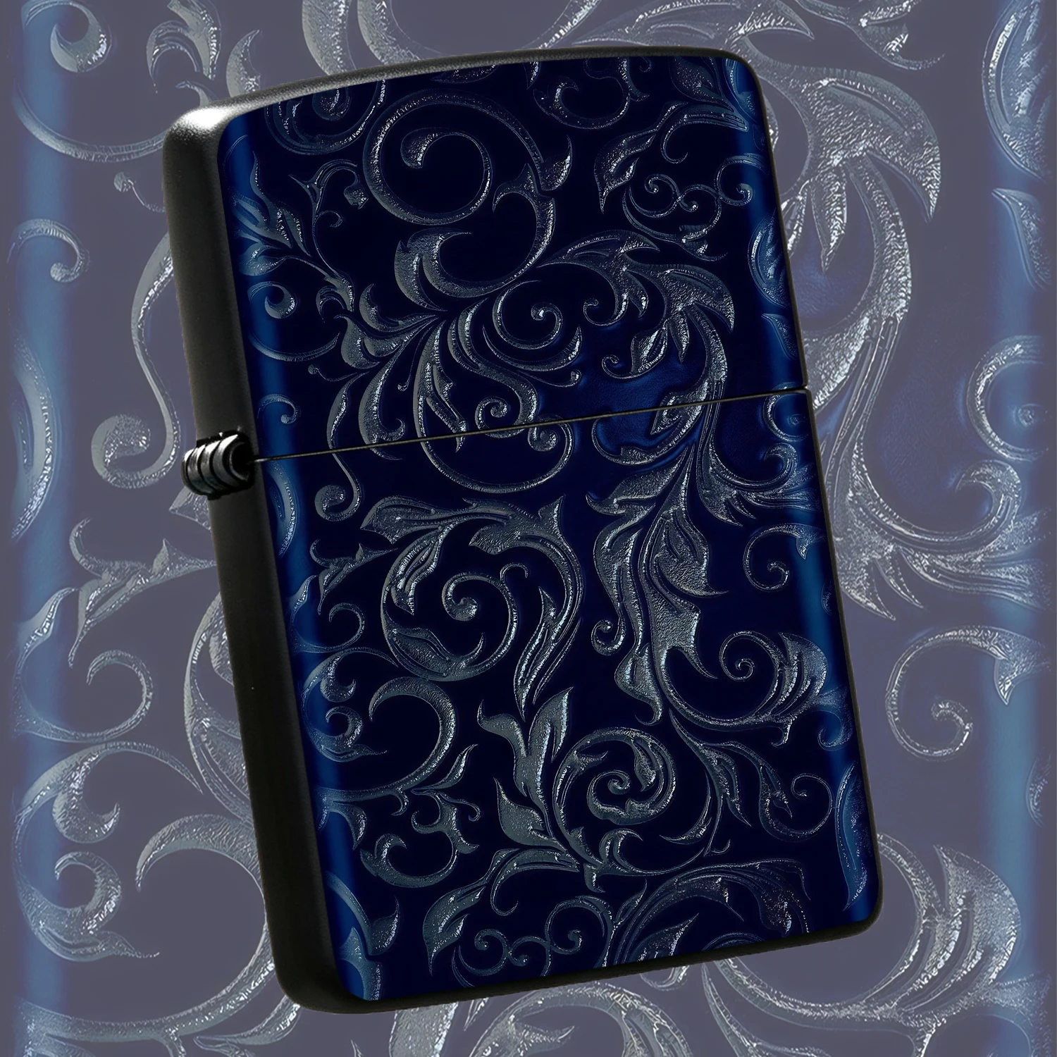 Exquisite Deep Blue Embossed Scroll Pattern Lighter Retro Embossed Art Texture Portable Igniter Suitable For Daily Office Outdoor Multi-Scene Practical Item Perfect For Gifting To Friends Family As Souvenir Or Personal Use High-Grade Atmosp