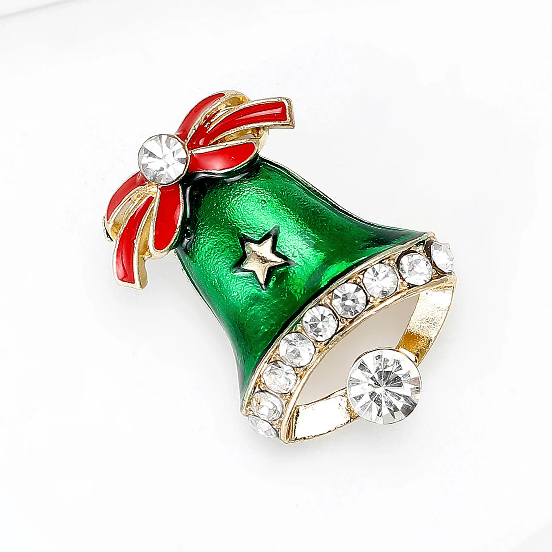 Christmas Bell Brooch Lapel Pin Vintage Xmas Bells Brooch Red Bow Clear Rhinestone Star Lapel Pin Holiday Decoration Craft Gift