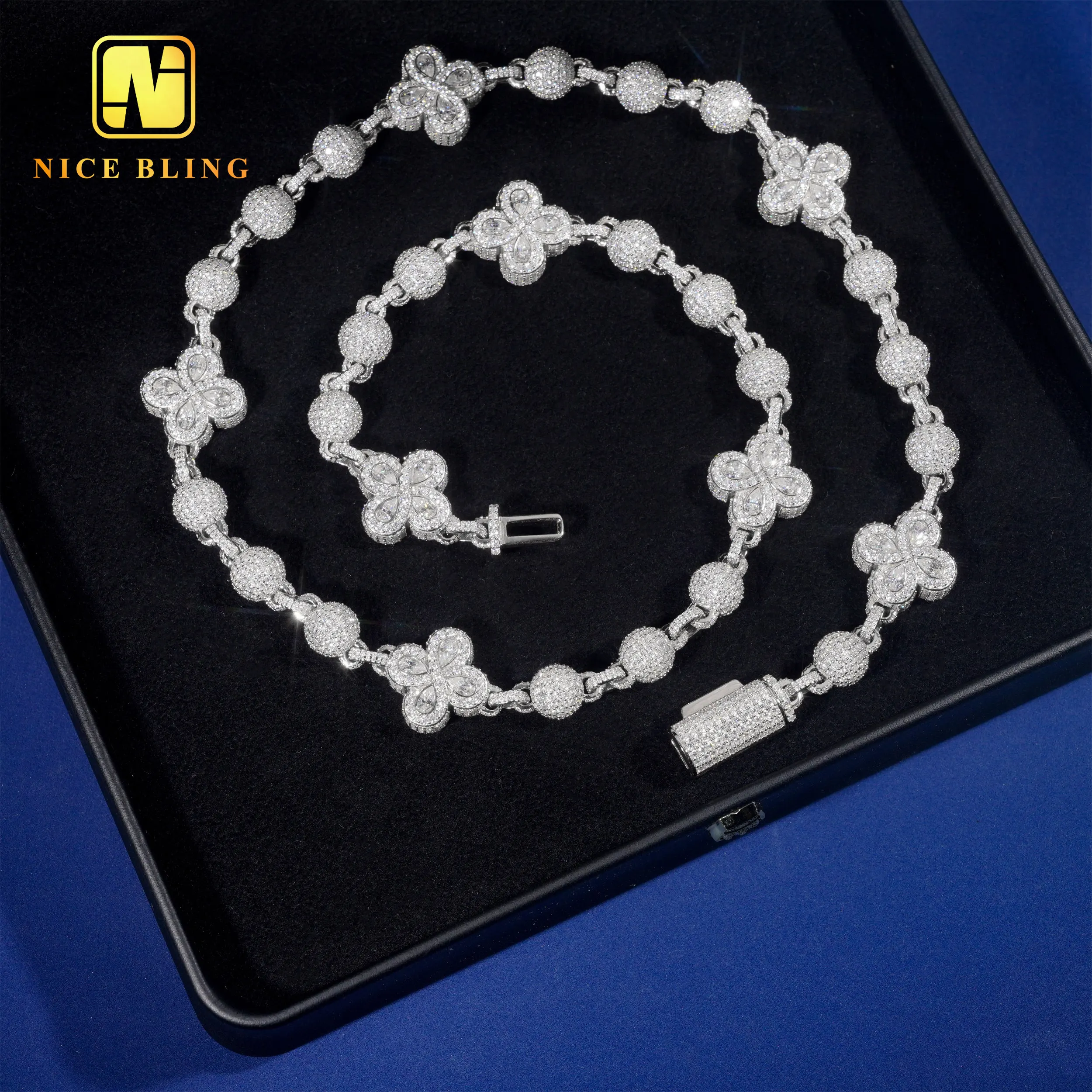 Hip New Design Hop GRA Certificate Clover Design 925 Silver Necklace Ball Flower Mens Moissanite Cuban Link Chain.