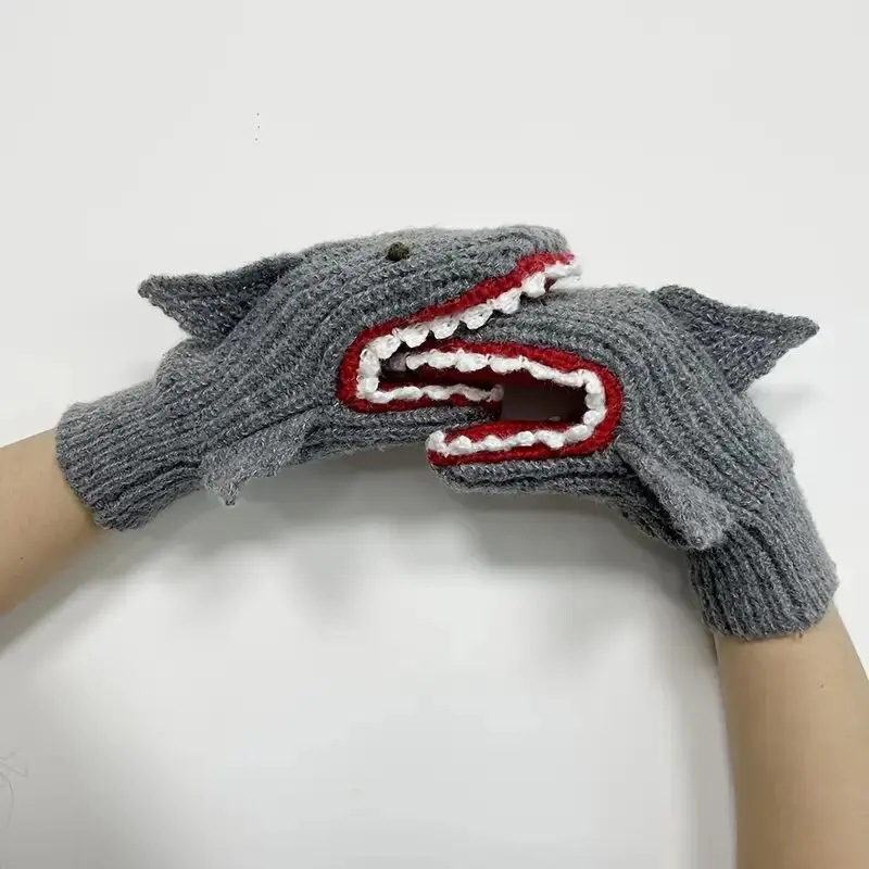 Gestrickte warme Fäustlinge mit Haifischmuster – Paar Herbst-Winter-Anziehhandschuhe für Halloween, Weihnachten, Erntedankfest, Geschenke