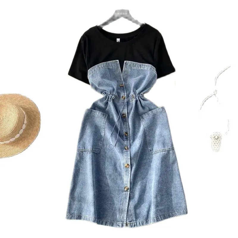 Korean Temperament Age-reducing Fake Two-piece Dress Female French Advanced Sense Round Neck Spell Receiving Waist Denim Skirt.