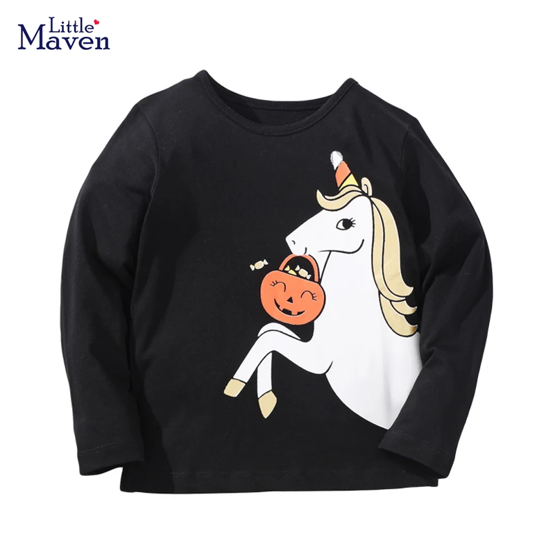 Little maven Girls t-shirts Autumn Long Sleeve 2025 Halloween Children's t-shirts Pumpkin Unicorn Pattern for Girls Tops Costume