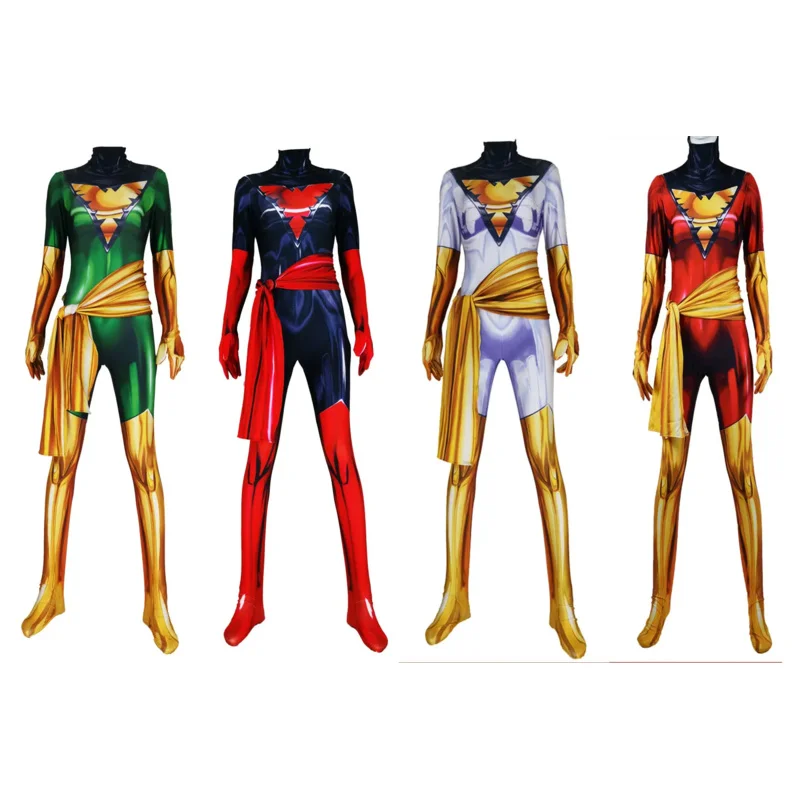 2025 New Adults Kids Dark Phoenix Cosplay Costume Red Black Green White Jean Grey Suit X-Men Superhero Zentai Bodysuit Hallow AA