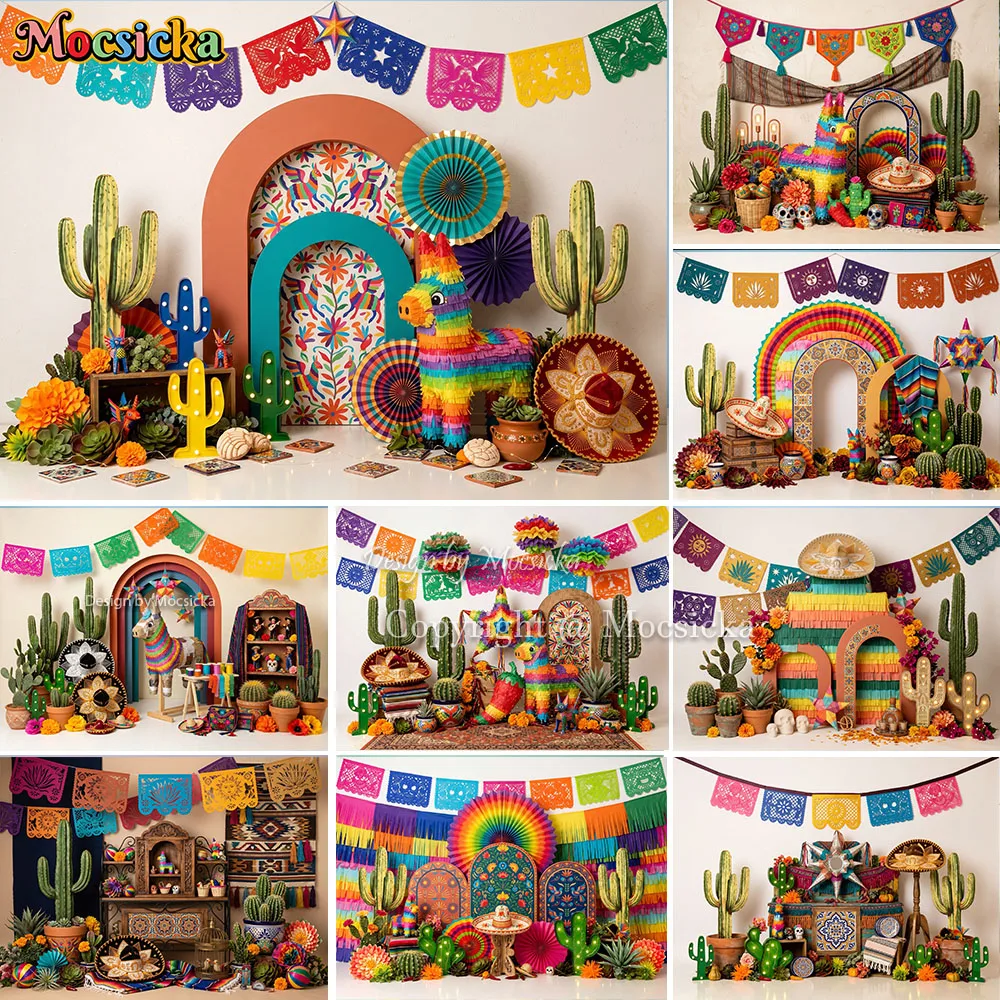 Mocsicka - Fondo de Fotografía para Fiesta Mexicana, Cactus, Piñata, Papel Picado, Fiesta de Tacos, Sesión de Fotos de Cumpleaños para Niños, Estudio