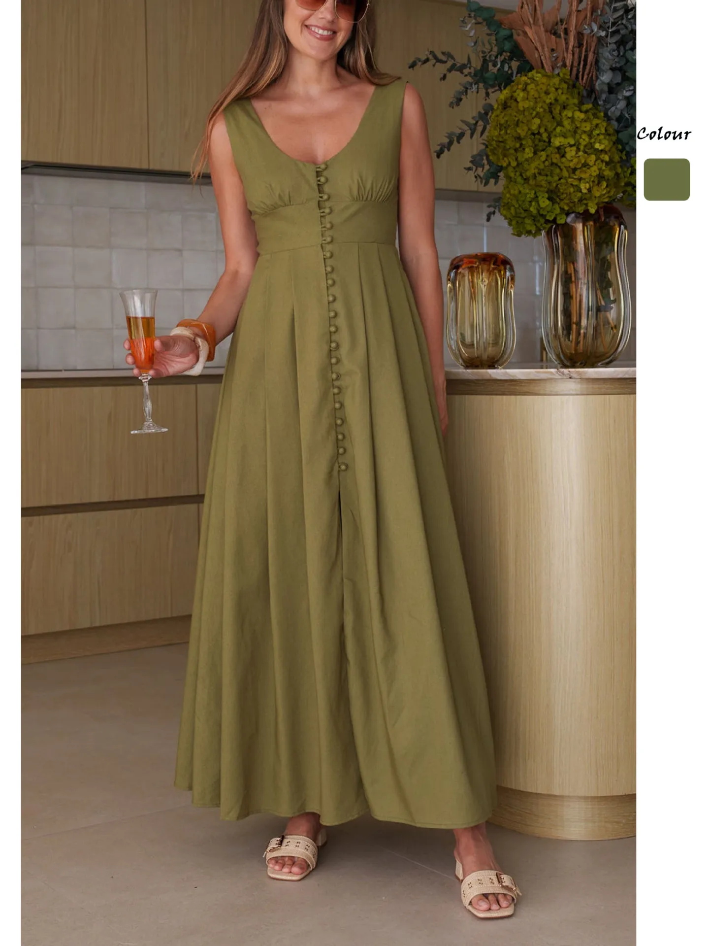 

2026 European And American Summer Single Breasted Casual Fashion Style V-neck Solid Color Backless Mid Length Dress