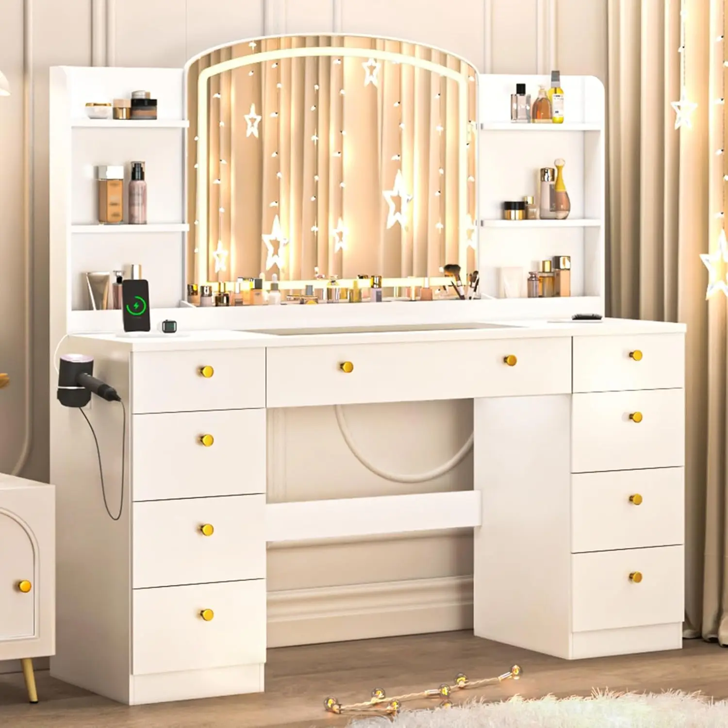 55’’ Makeup with Mirror and LED Lights - Glass Top Make Up Desk with Power Outlet and Storage Shelf, Vanity Table