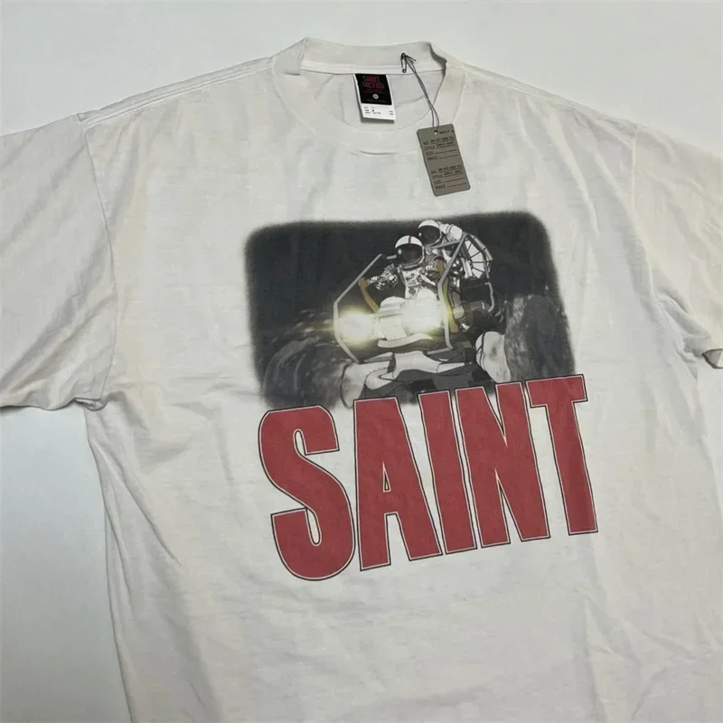 SAINT MICHAEL Washed White T Shirts Men Women 1:1 Best Quality Logo Printing Pure Cotton Oversized T Shirt