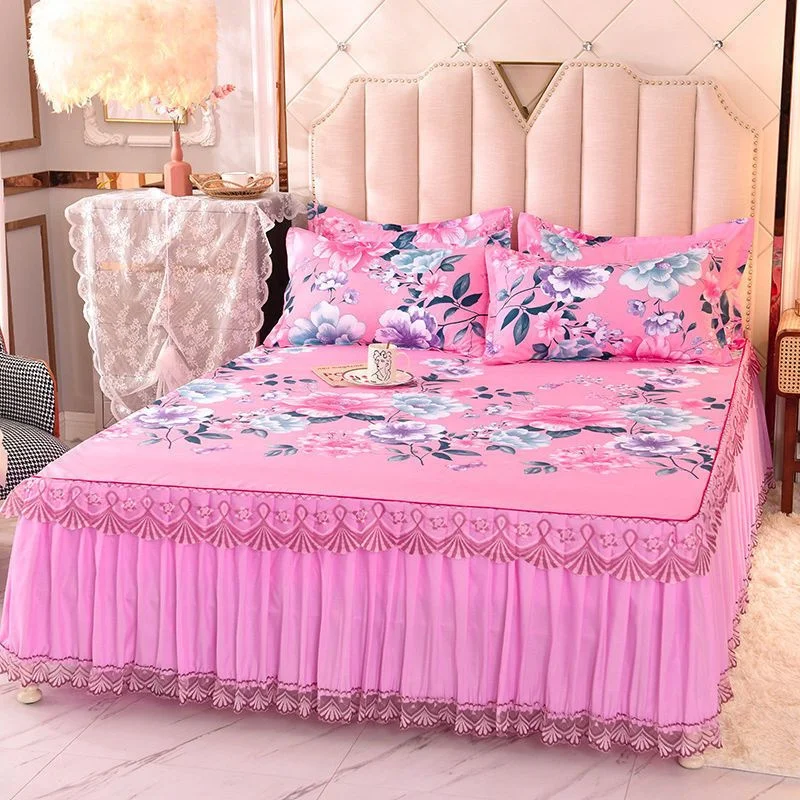 

Palace Bedspread Set Princess For Home 1.5/1.8/2M Bed Sheets Antiskid Fashion Soft Flower Print Lace BedDress Sexy Bedding