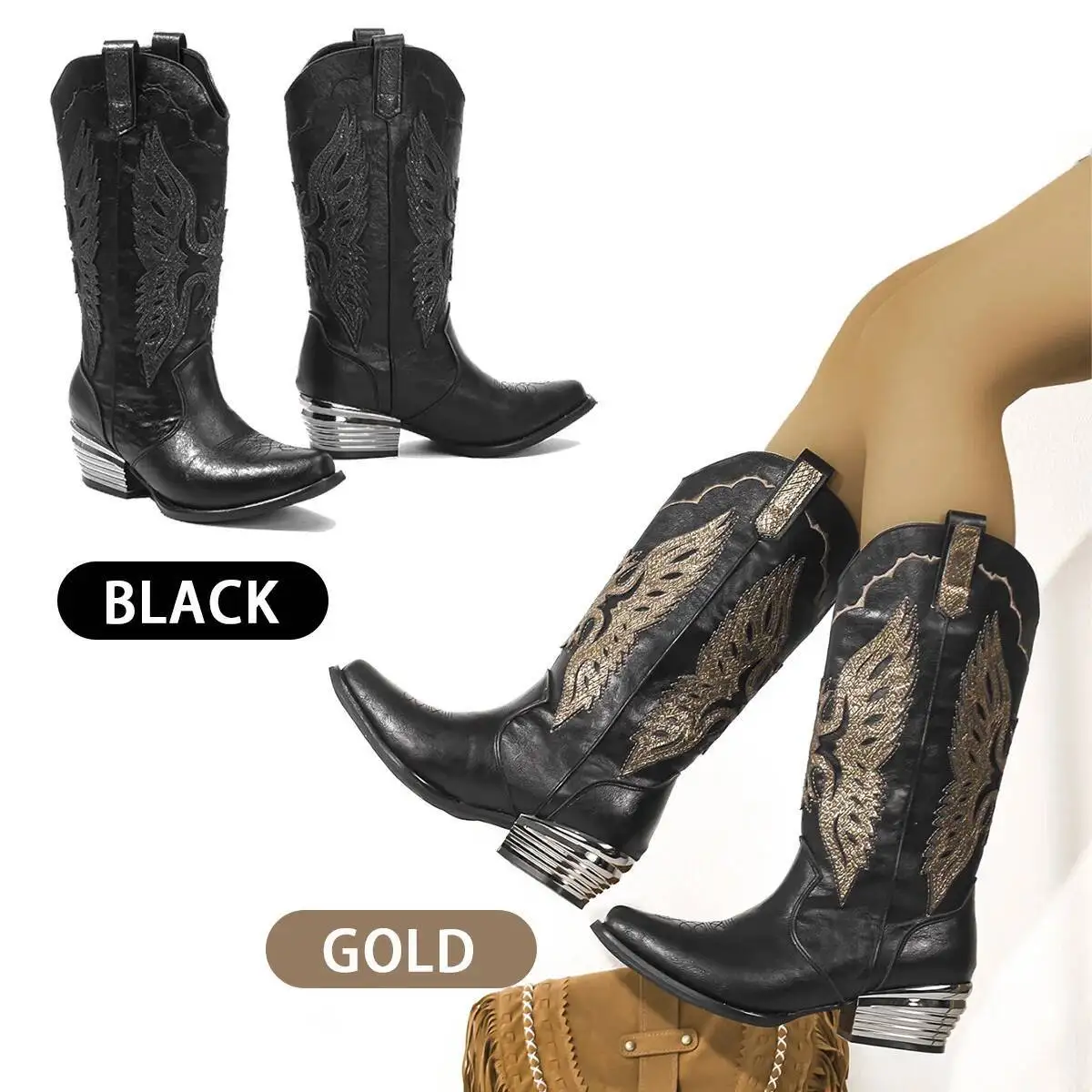 

Western Cowboy Boots Autumn Women's Boots Chunky Heel Mid Calf Boots Fashion Boots V-Cut Embroidered Riding Boots leather boots