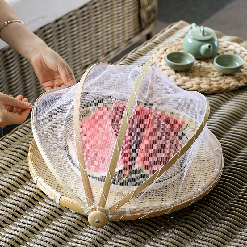 For Bamboo Woven Fly-proof Basket Round Dustpan Bamboo Flat Insect-proof Dust-proof Sun Basket with Mesh Vegetable Cover