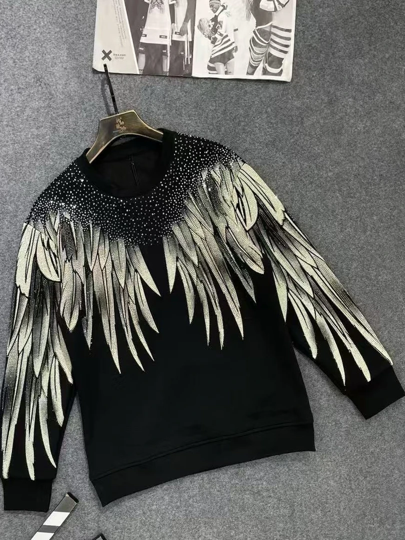 2025 Autumn Winter New Fashion Heavy Rhinestone Round Neck Long Sleeve Sweatshirt Printed Letters Trendy Stylish Men's Jacket