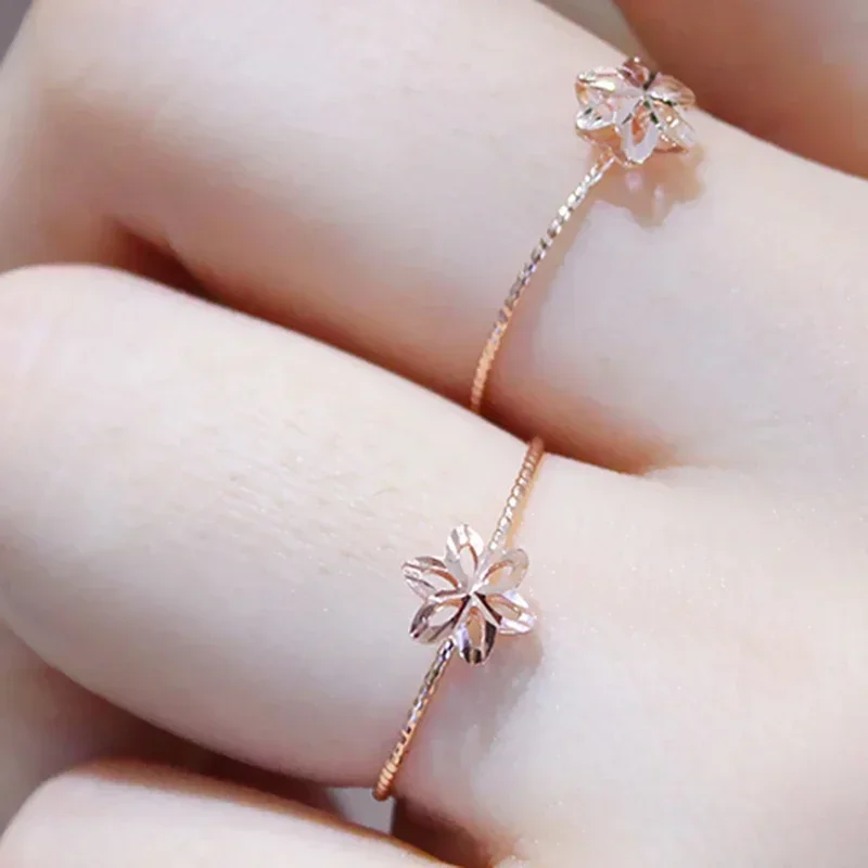 585 Purple Gold 14K Rose Gold Hollow Six-petal Flower Rings for Women Open Temperament Sweet and Charming Engagement Jewelry