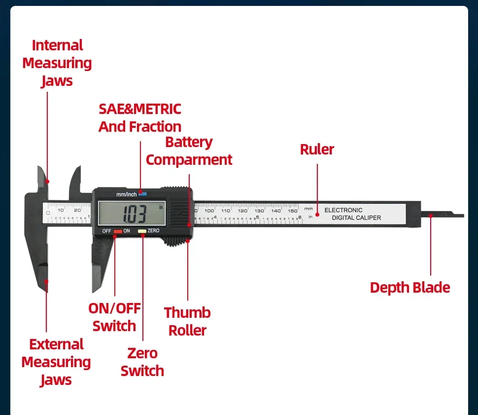 Imagem -06 - Vernier Caliper Medidor de pé de Plástico Régua Eletrônica Ferramenta de Medição Digital Micrômetro Ferramentas Manuais