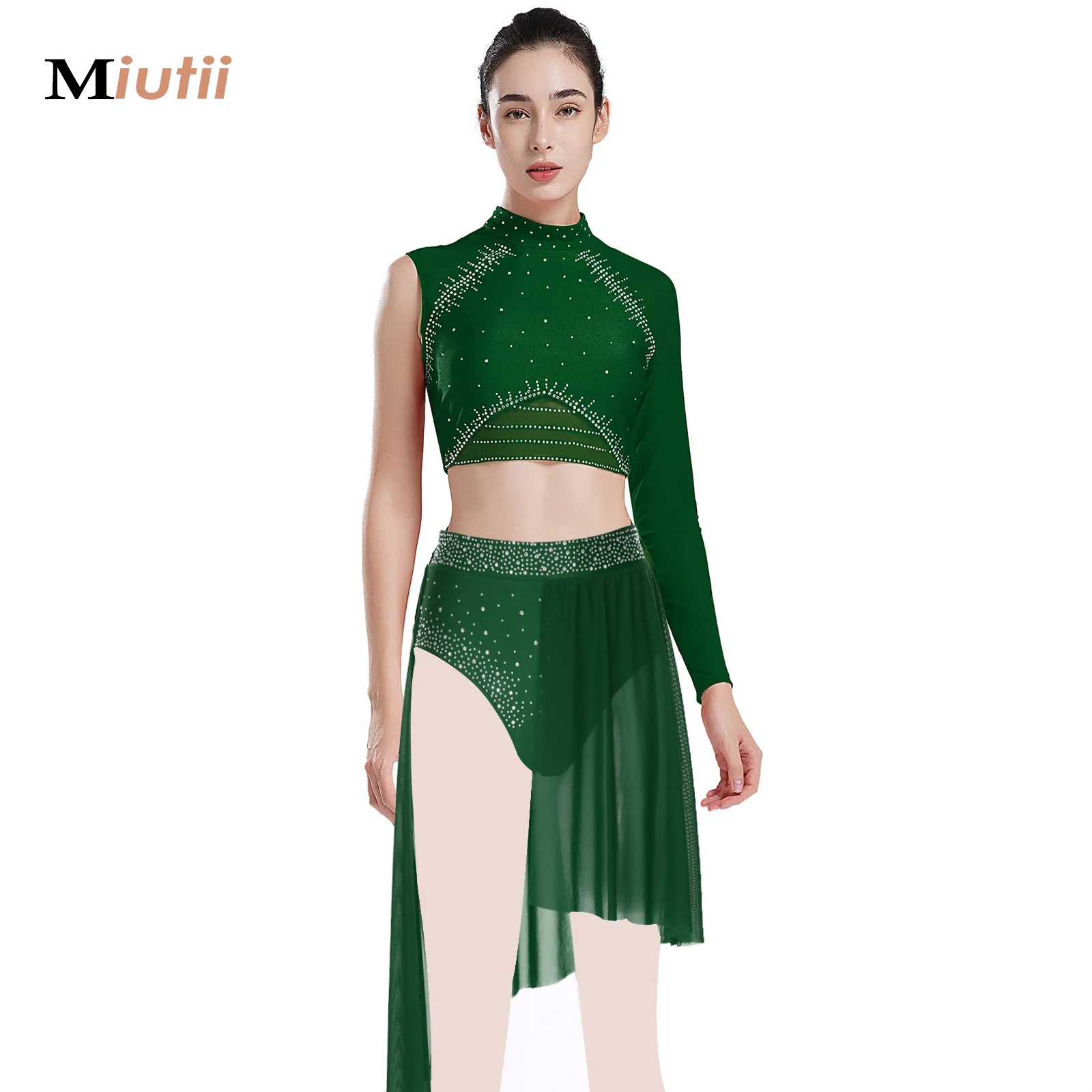 

Women Modern Lyrical Dance Dress Adults Rhinestone Sheer Mesh Leotard Dancewear for Ballet Gymnastics Figure Skating Performance