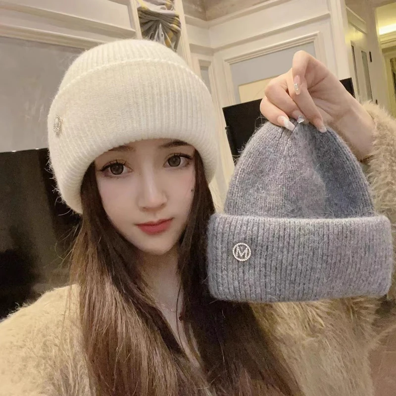 Gorros de piel de conejo 2024, gorro de invierno suave y esponjoso para mujer, gorro tejido de Angora, gorros, gorro femenino, gorro de punto para mujer