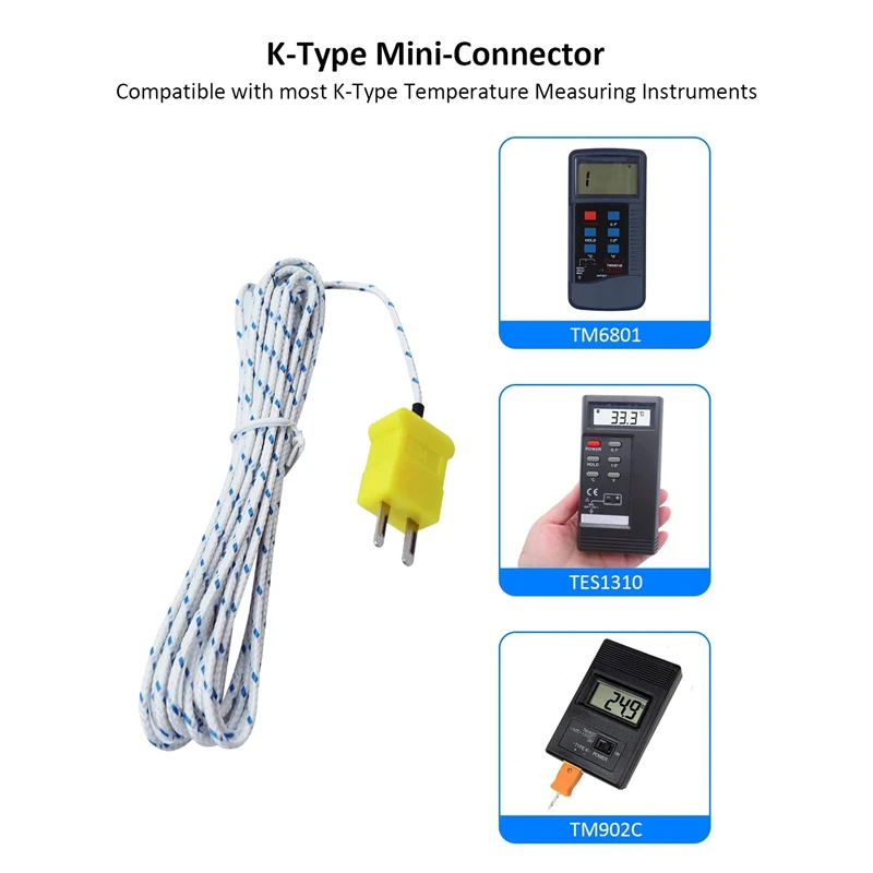 TOP 10Pcs 3Meters K Type Mini-Connector Thermocouple Temperature Probe Sensor -50-350°C Temperature Sensing Line