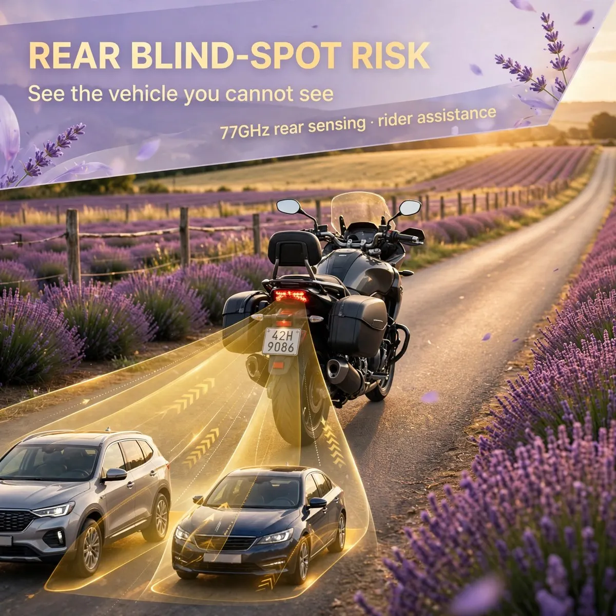 77GHz Motorcycle Blind Spot Monitoring Radar System with Dual LED Warning Indicators – Up to 70m Rear Detection, BSD 8.4m, LCA 5