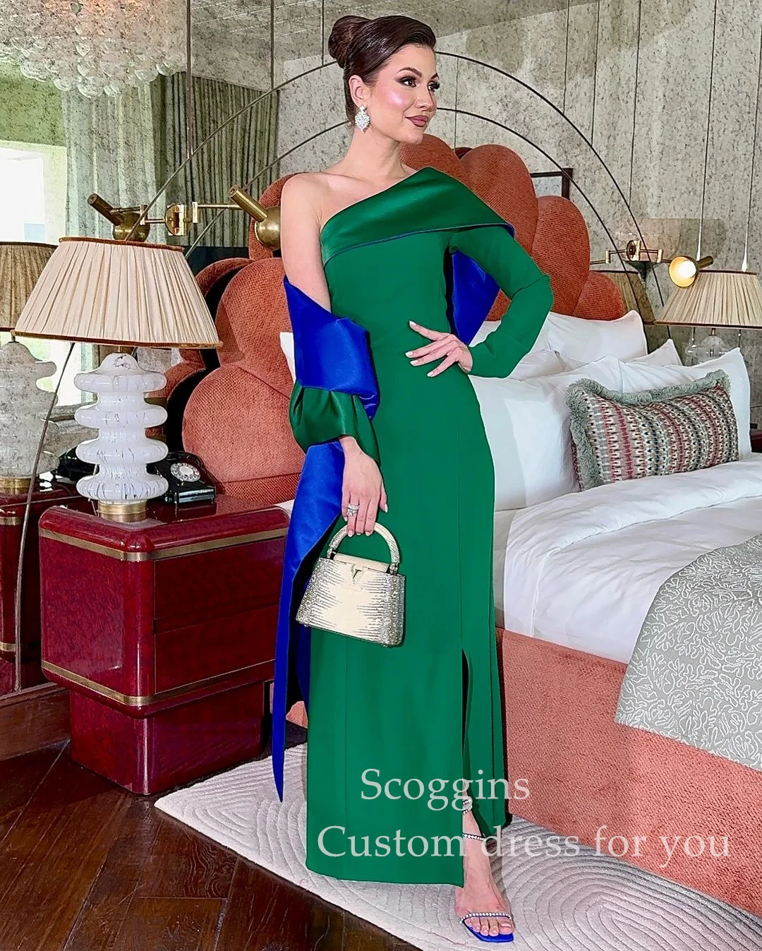 Scoggins فساتين سهرة Column Split Strapless One-Shoulder Ankle-Length Ribbon Zipper Up Long Sleeves Dresses For Prom Long Dresse