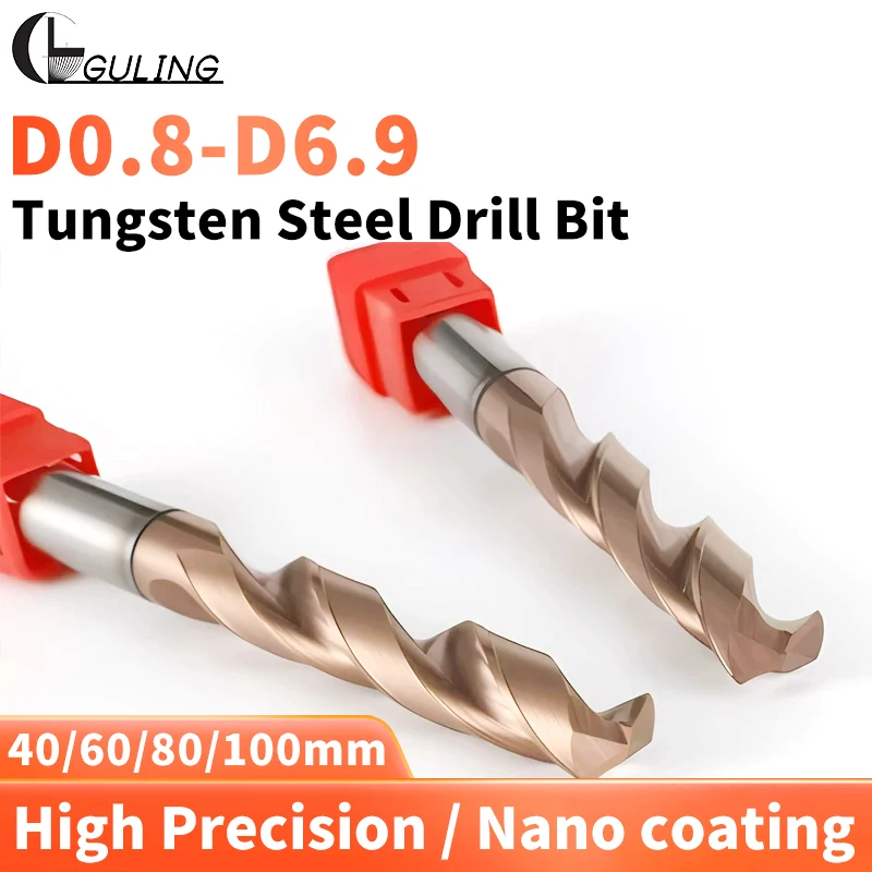

GULING 1PCS Carbide Tungsten Drill Nano-Coating 0.8mm-6.9mm Bits CNC Hole Machining Tool 40mm/60mm/80mm/100mm Length