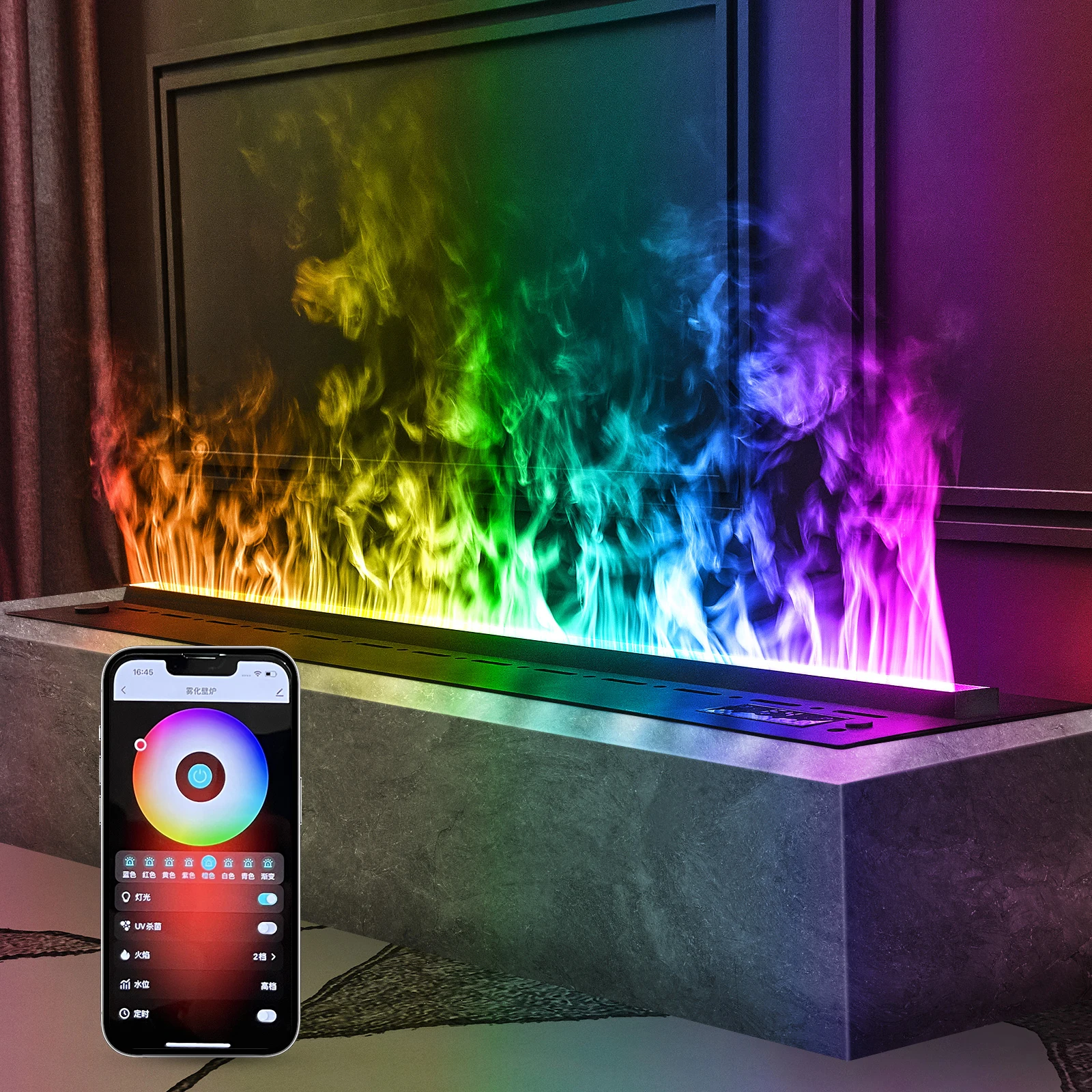 Smart Home Indoor Water Mist Fireplace Water Steam Electric Fireplace Multi-Color LED Flame Decoration Timed Mist Fireplace