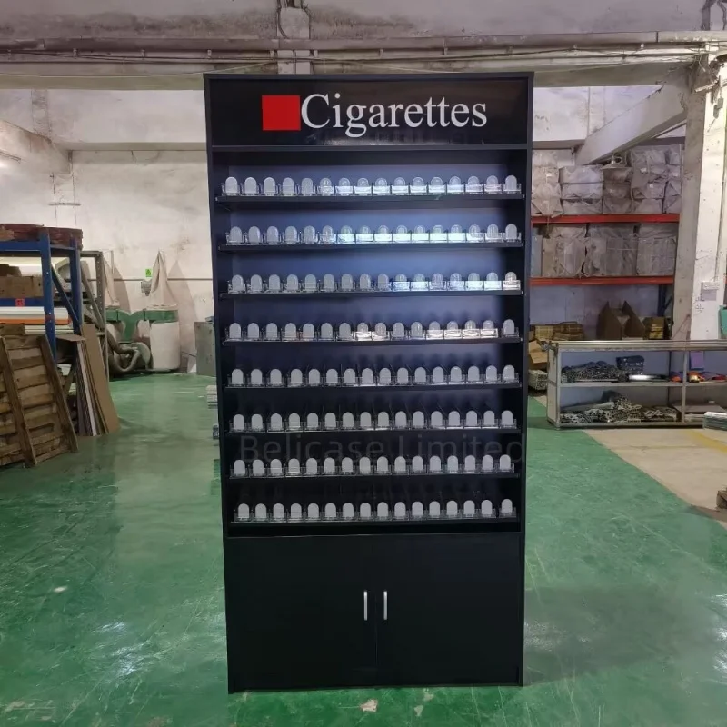 2025customized.Multilayer Wooden Rack Smoke Shop Showcase Store Display with LED Lightbox