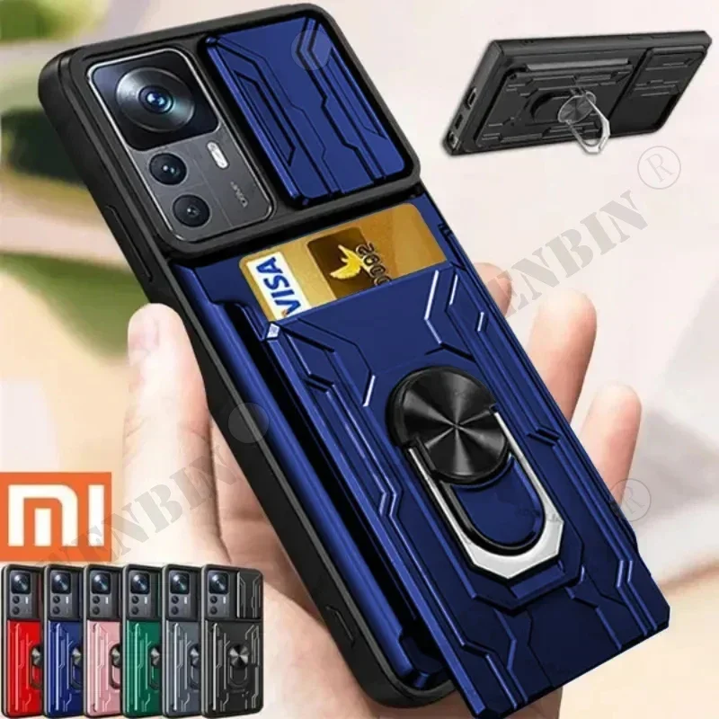 Coque avec anneau de support coulissant pour appareil photo magnétique, coque de fente pour carte, qualité militaire, Redmi Note 14, 13, 12 Pro, casque X6 Pro, Xiaomi 14T Pro, 360