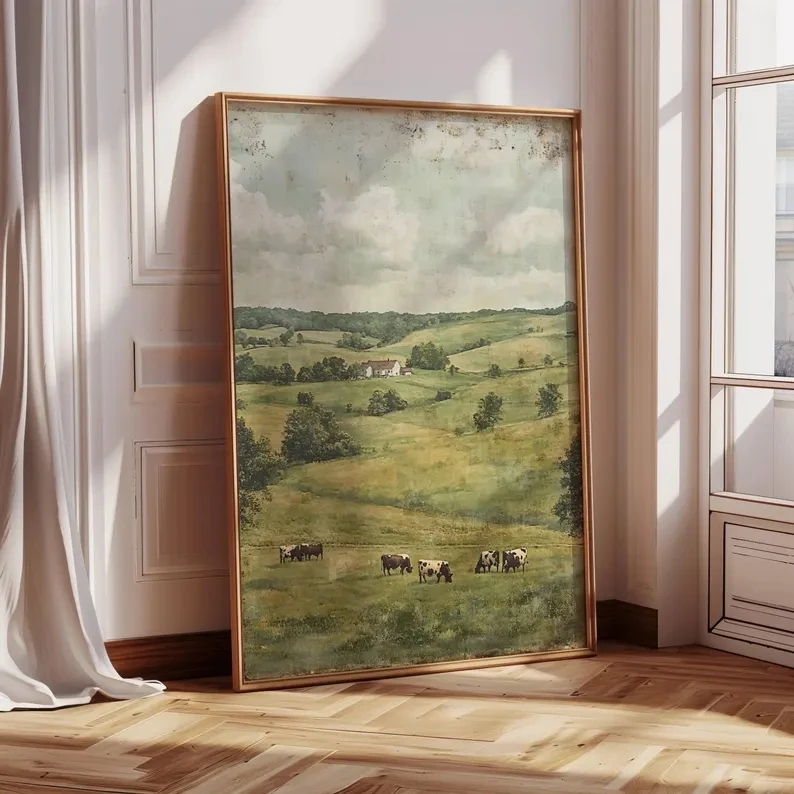 Retro Landscape With Cows Countryside Farmhouse Wall Art Print Canvas Painting Poster Picture For Living Room,Bedroom Home Decor