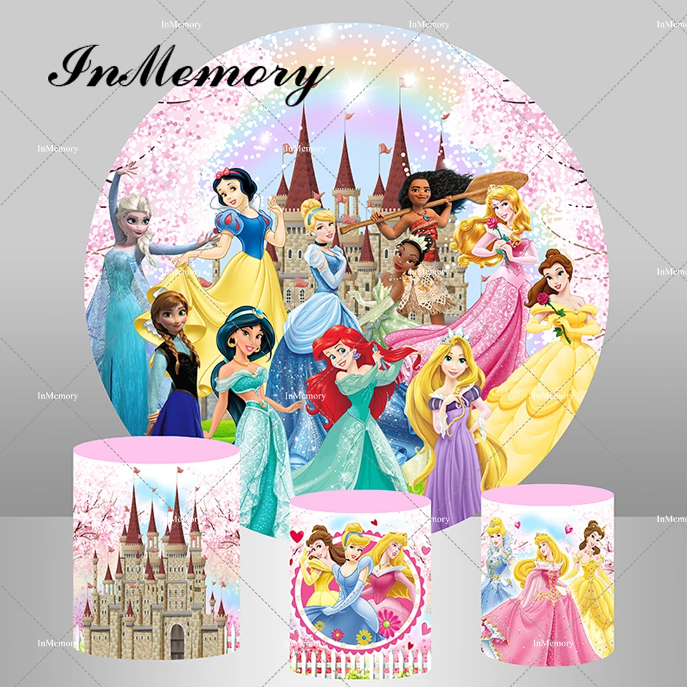 Princess Disney Castle Round Backdrop Cover for Girls Baby Shower Birthday Party Background Cake Table Banner Pedestal Covers