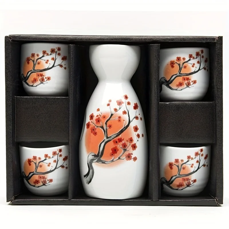 Ceramics Bar Set Japanese Sake Set with Four Wine Cups Hand Painted Safflower Porcelain Style Pottery Gift