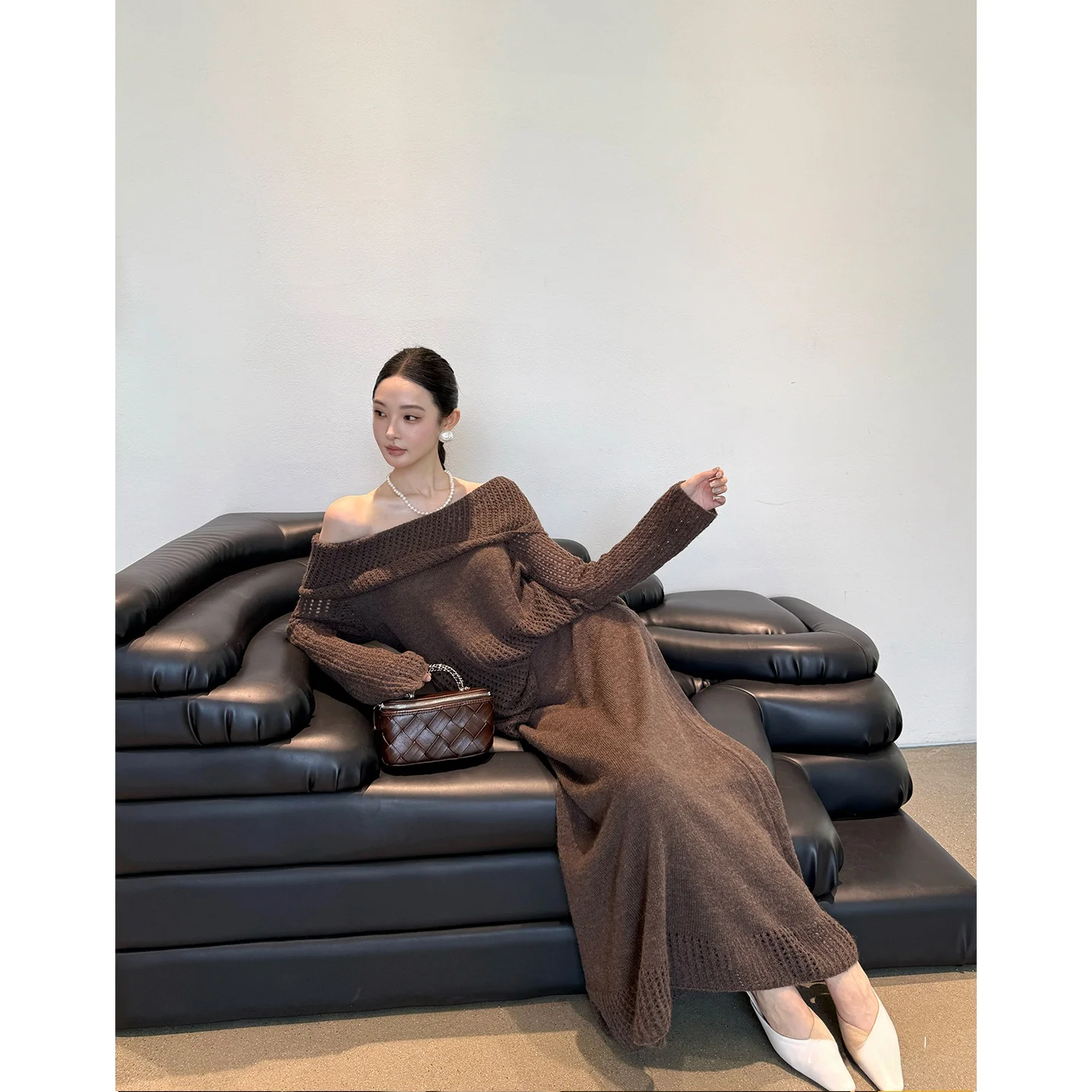 

Шерстяной вязаный топ с вырезами на плечах и юбка Alin Star Ray, женский модный комплект, зимняя коллекция AL5GZZ