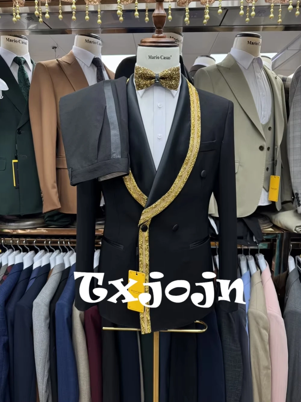 الذهبي مطرز البدلة مجموعة 2 قطعة سترة السراويل للرجال أنيق أنيق مزدوجة الصدر الرجال الدعاوى الزفاف العريس مجموعات ملابس الرقص