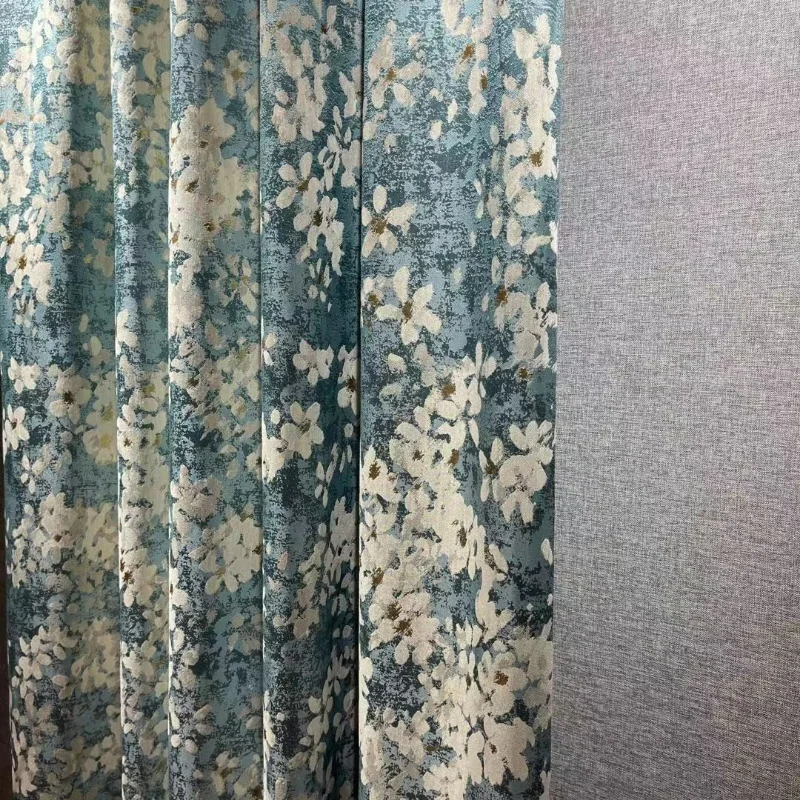 Light Luxury Cortina  American Retro Curtains for Living Room Blue Pastoral Chiffon Curtain Bedroom Blackout Curtains Custom