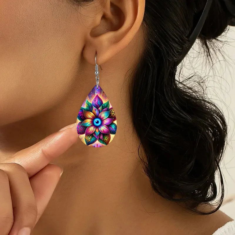 1 Pair Fantasy Colorful Lotus Leather Earring Women's Elegant Flower Teardrop Dangle Earrings Exquisite Gift For Wife Girlfriend