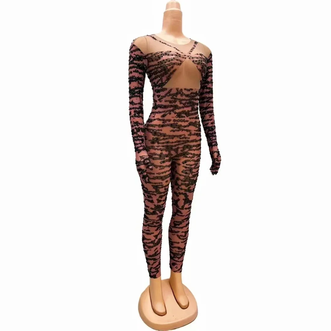 Mono con estampado de leopardo para mujer, peleles ajustados con diamantes de imitación marrones, guantes transparentes, para club nocturno, Bar, puesta en escena, disfraz de Cosplay
