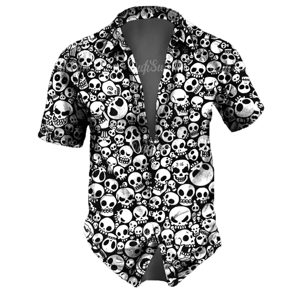 Schedel Revers Heren Shirts Horror 3d Print Casual Hawaiian Shirts Man Retro Shirt Voor Man Street Knoop Korte Mouwen Mannelijke Kleding