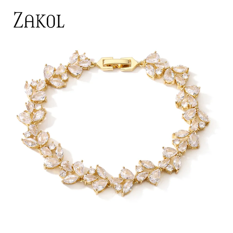 ZAKOL Luxury Cubic Zirconia Leaf Bracelets Bangles for Women Shinny Plant Wedding Party Jewelry 2023 New