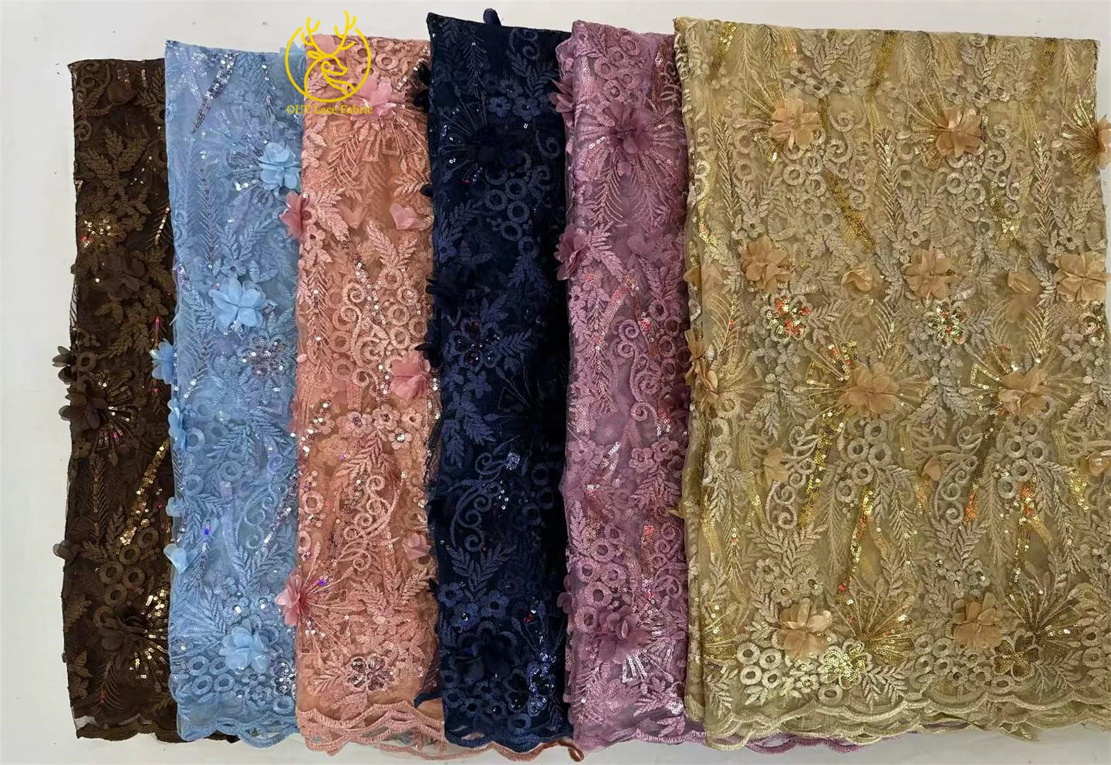 3D-Kaffeebraune afrikanische Pailletten-Mesh-Stickerei-Spitzenstoffe, luxuriöse französische nigerianische Tüllspitzenborte für Damen-Abendkleider zum Nähen – Detail 3
