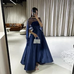 Navy Blue Satin Evening Dress Detachable Shawl Saudi Arabic A-line Long Prom Party Dresses Women Birthday Gowns Customized