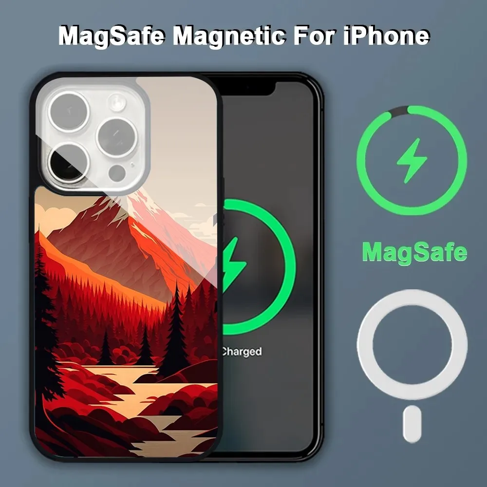 Aesthetic Art Hand Painted Mountain Scenery Phone Case Alex Mirror For Magsafe Wireless Charging Caver For IPhone 14 15 16 Pro M