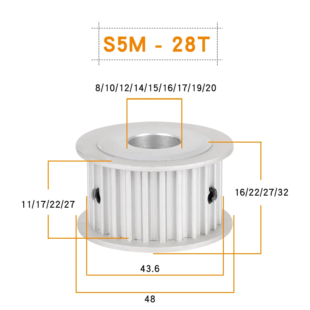 S5M Type 28T Timing Pulley Inner Bore 8/10/12/14/15/16/17/20 mm 5mm Pitch 26 Teeth 11/17/22/27mm Width STD5M Timing Belt Pulley